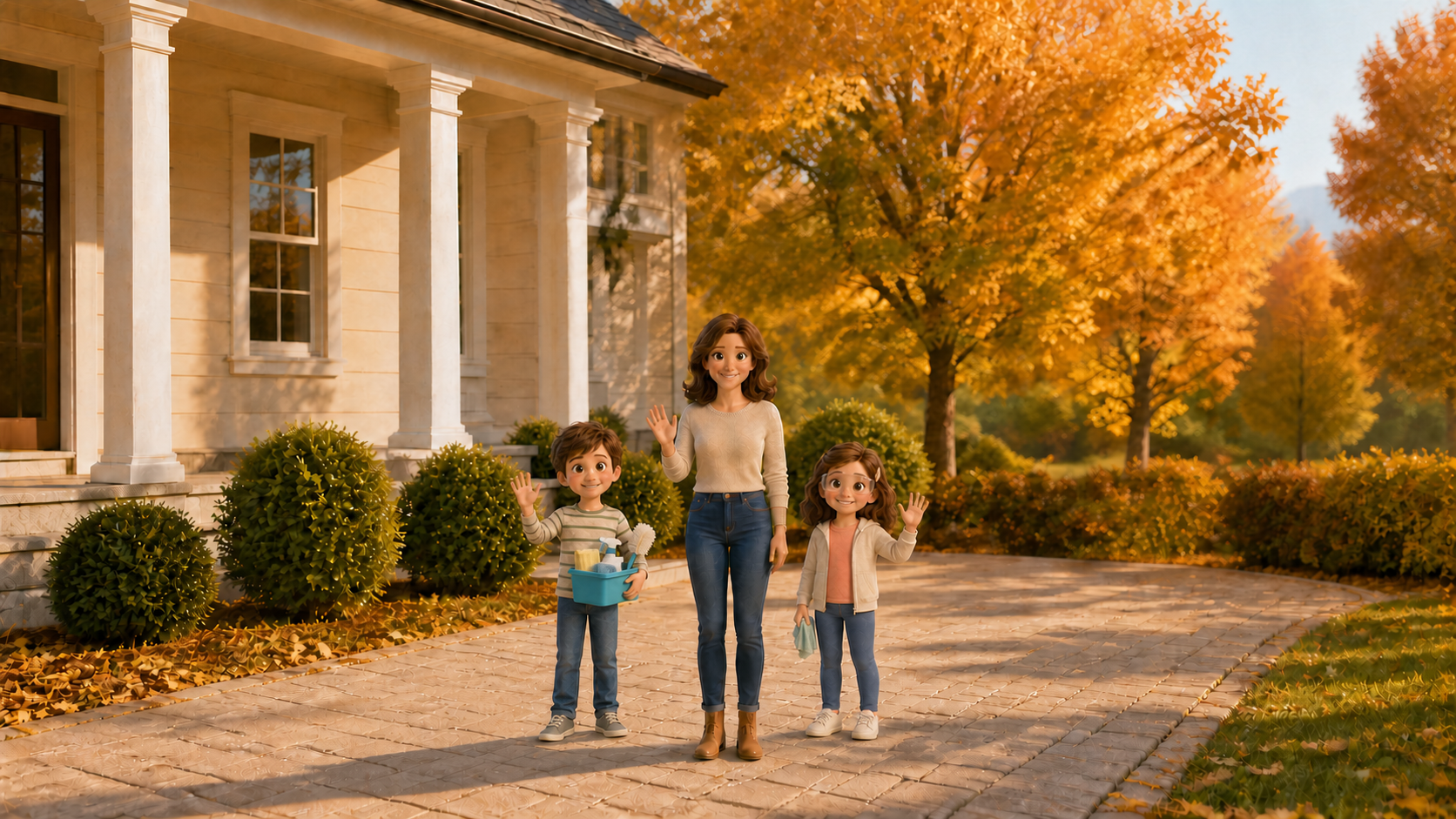 Emily, Scott, and Liz waving hello in front of their house on a sunny autumn day