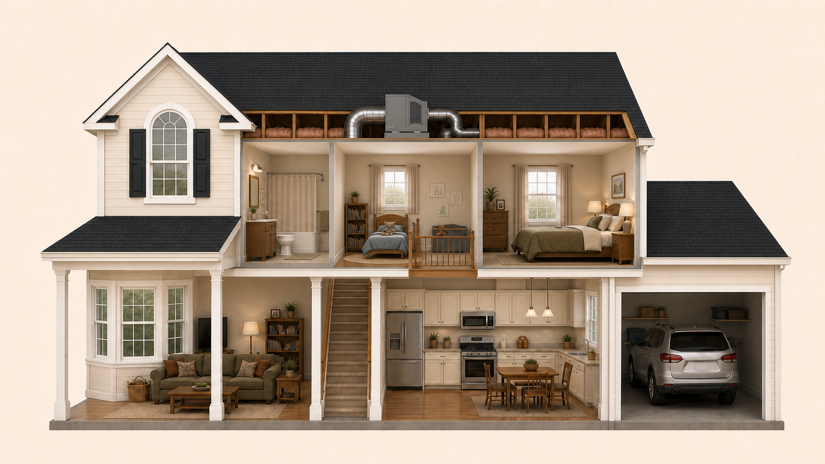 Cutaway illustration of a two-story house showing every room